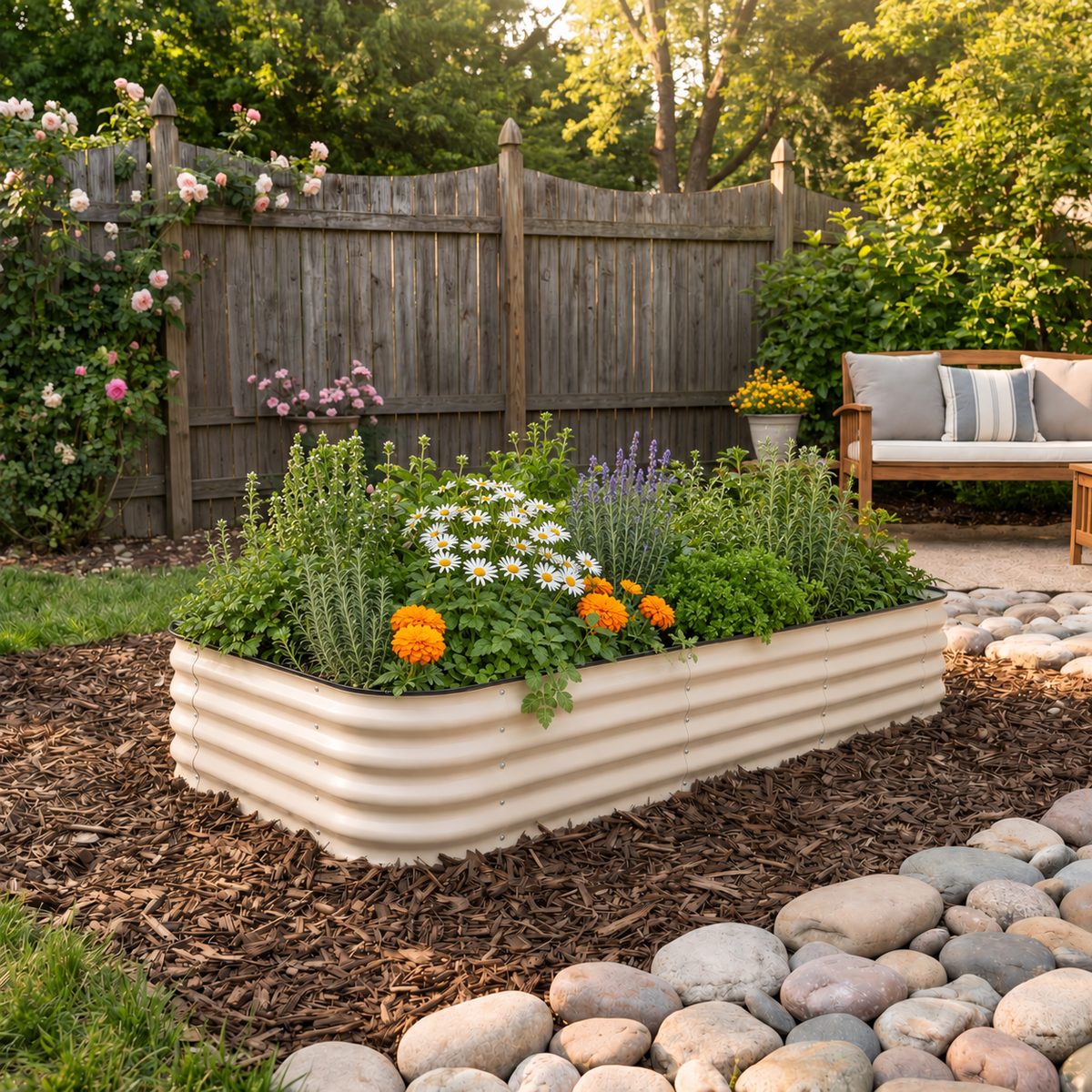 Cream corrugated metal raised bed, planted with flowers and herbs, in a backyard.