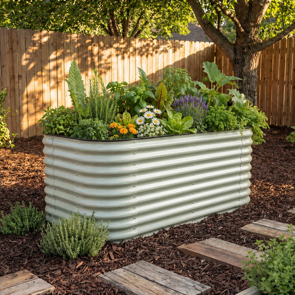 Pale green corrugated metal raised bed, planted with greens and flowers.