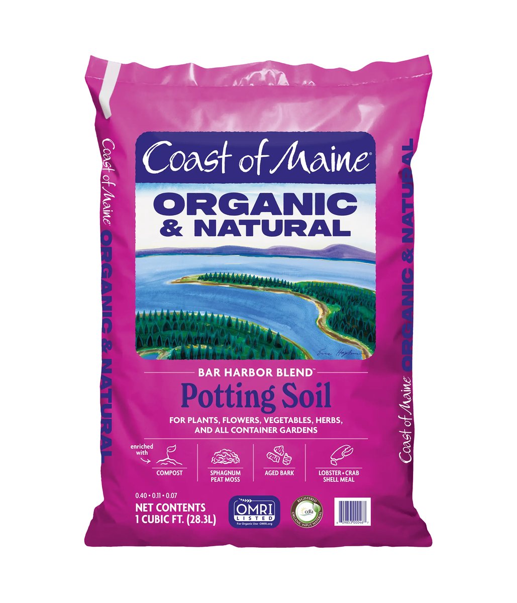 Coast of Maine Bar Harbor Blend potting soil bag, labeled 1 cubic foot.