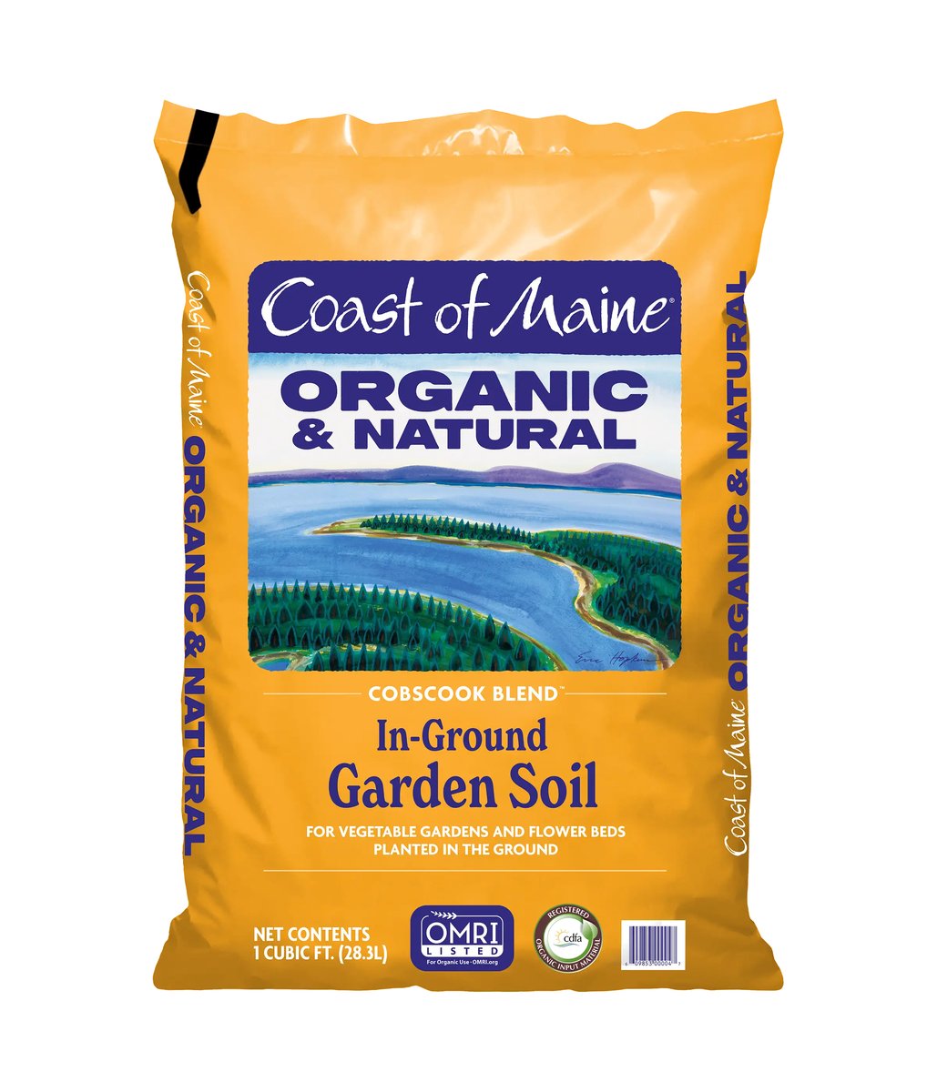 Coast of Maine Cobscook Blend in-ground garden soil bag, labeled 1 cubic foot.