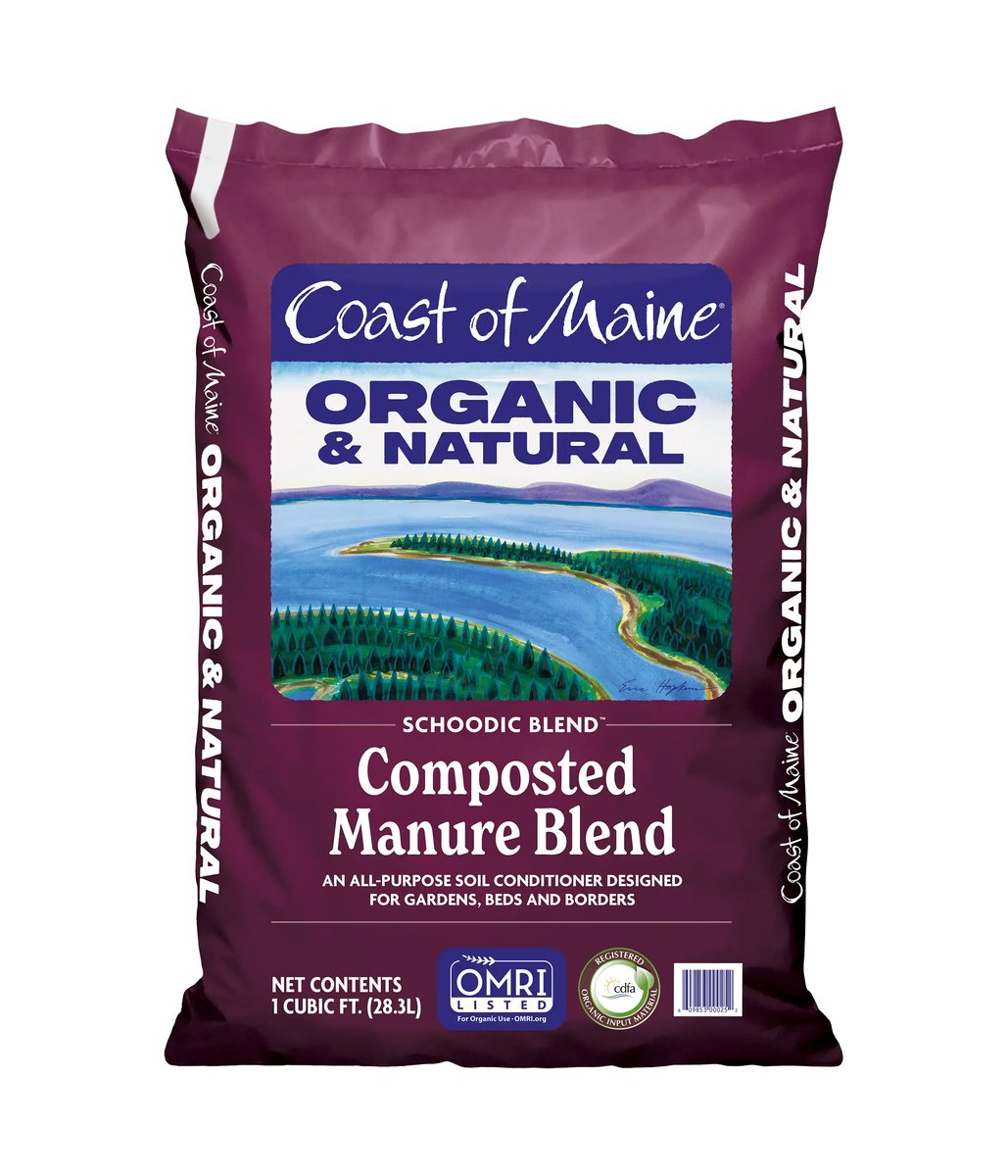 Coast of Maine Schoodic Blend composted manure bag, labeled 1 cubic foot.