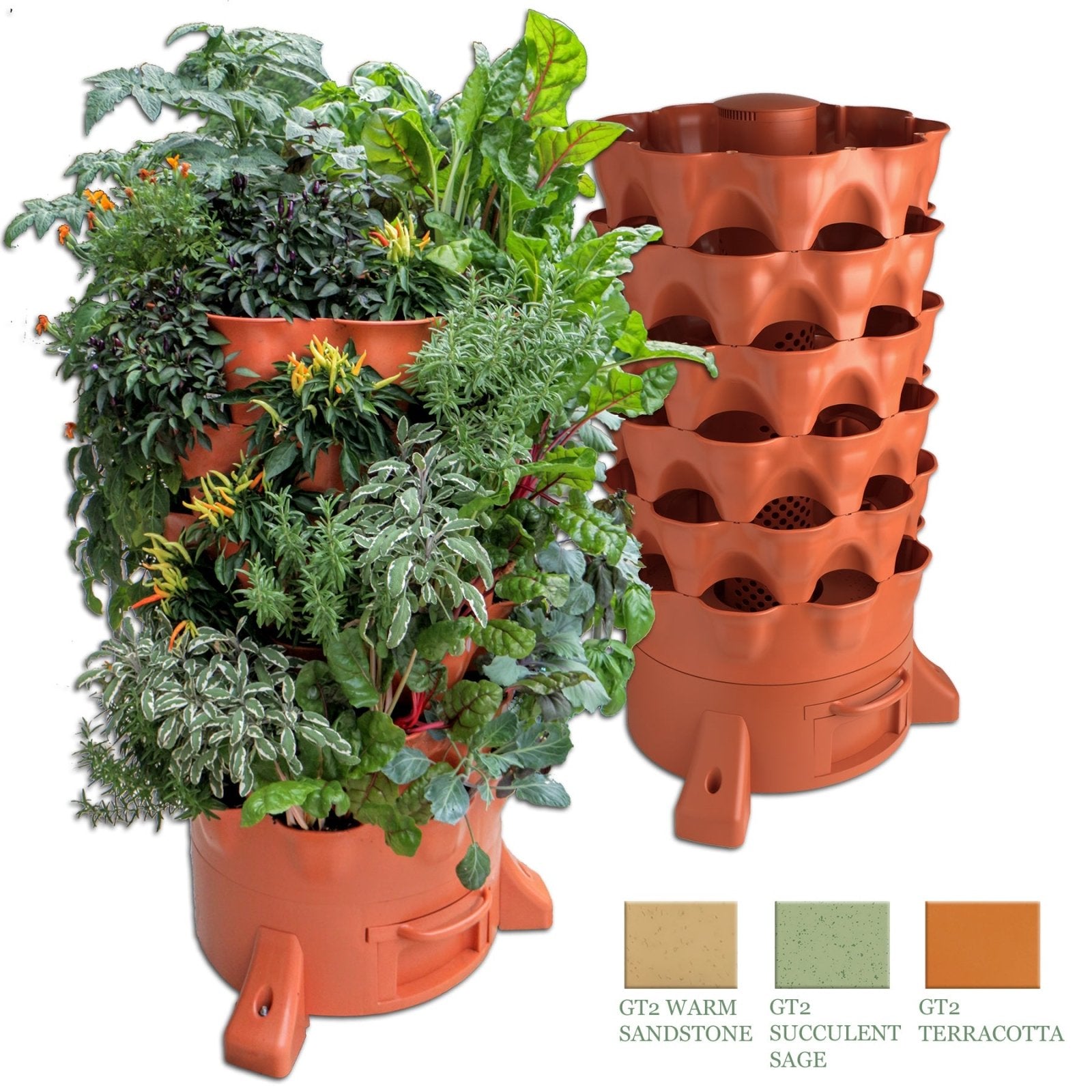 Terracotta composting tower planter, shown planted and empty.