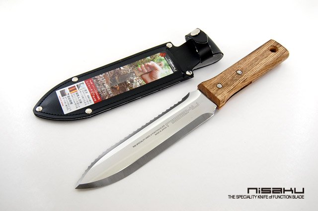 Nisaku stainless weeding knife with a wooden handle and black sheath.