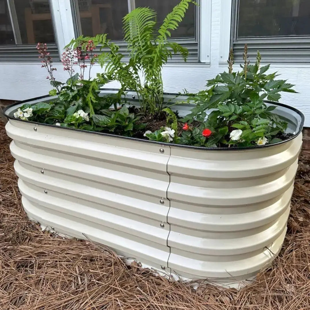 Cream corrugated metal raised bed, 3.5 by 2 feet, planted beside a house.